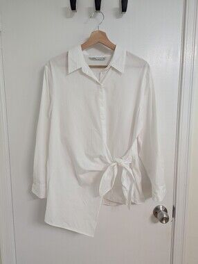 Zara Cotton Wrap-Tie Button Down Shirt - White